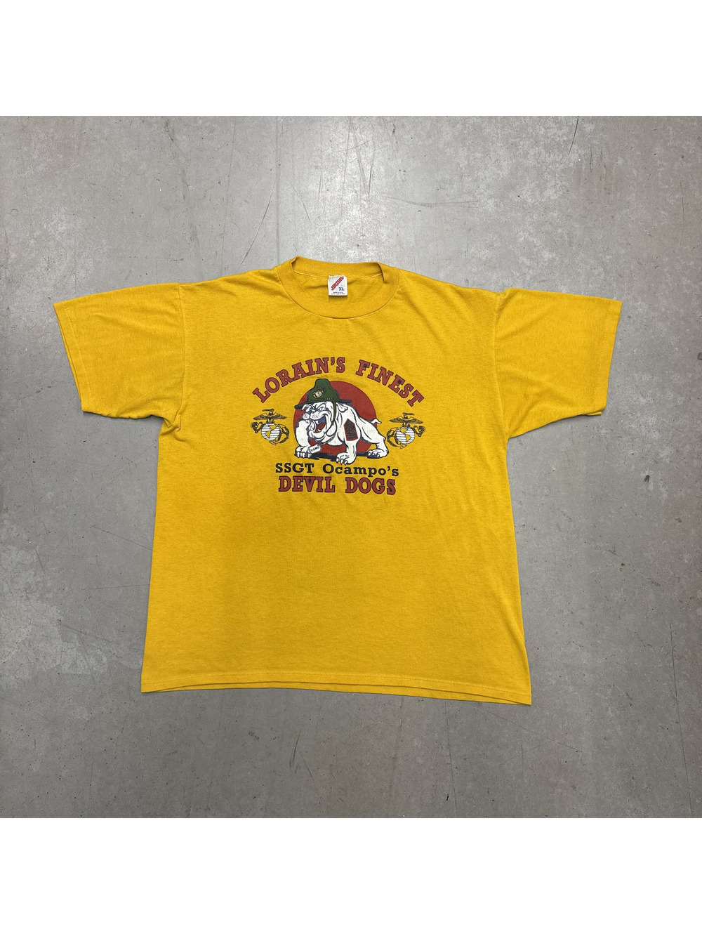 Vintage 80s Lorain's Finest SSGT Devil Dogs Graphic T-Shirt Extra Large Yellow